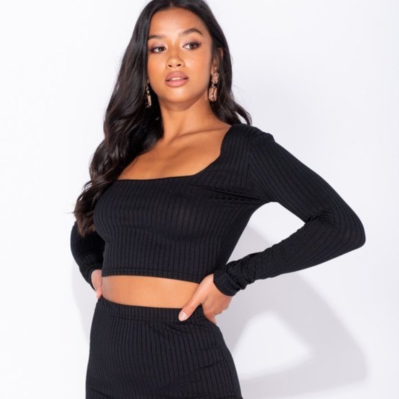 Kacy Black Rib Knit Crop Top & Midi Skirt Set - Picture 4 of 12